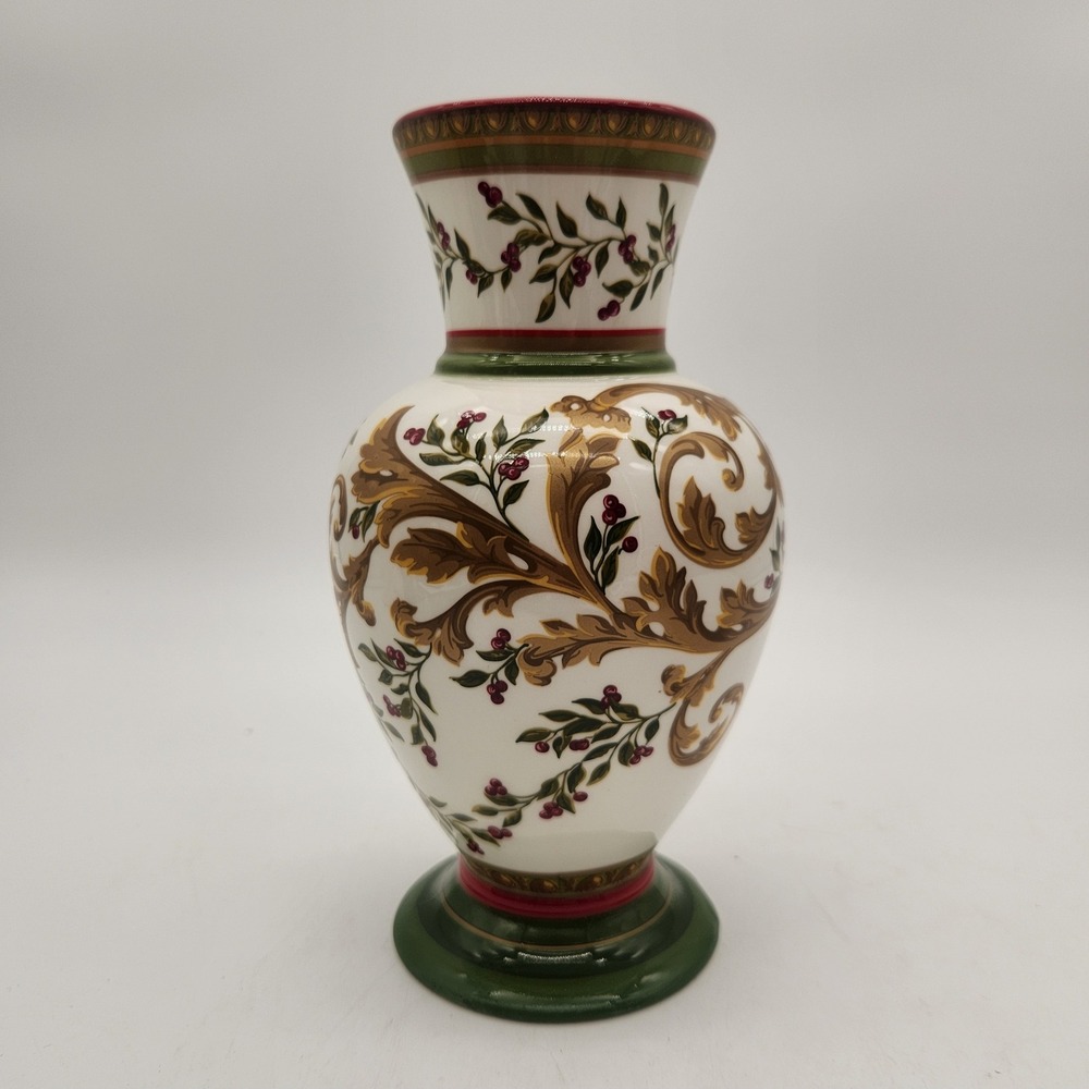 Laura Ashley Home FTD Xmas Vase White Gold Scroll Green Berry Ceramic Vintage